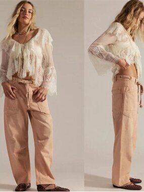 Free People We The Free Moxie Pull-On Barrel Jeans Pink Rose Splatter Size 33